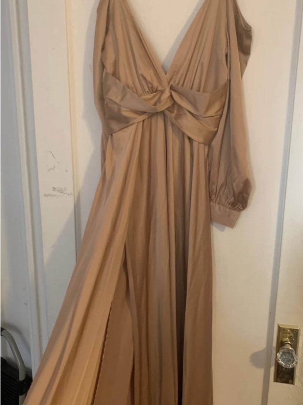 Fashion Nova One-Shoulder Satin Maxi Dress in Nude Beige